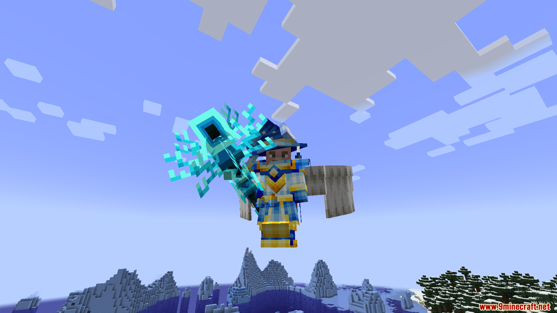 Hazen N Stuff Mod Screenshot 10 Player flying in sky wearing blue magic armor and wielding a glowing staff