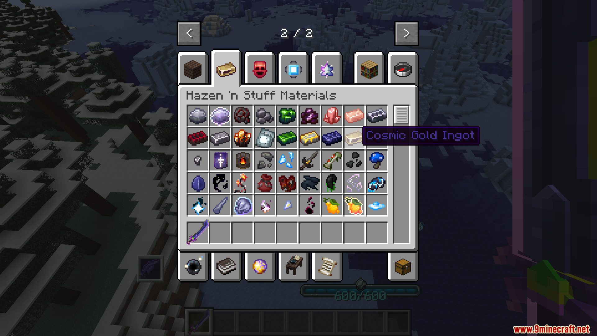 Hazen N Stuff Mod Screenshot 11 Player viewing custom materials tab with cosmic gold ingot in creative inventory