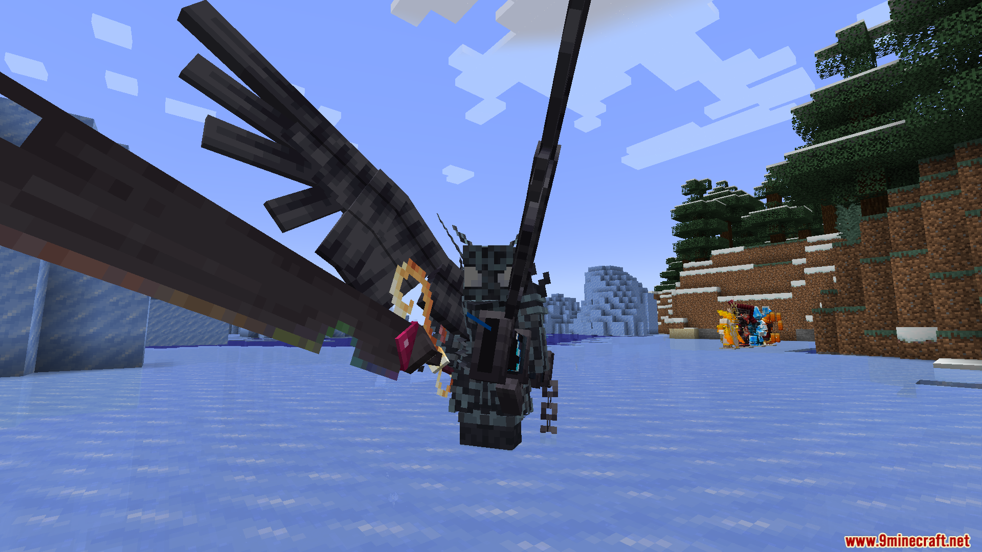 Hazen N Stuff Mod Screenshot 12 Player wearing dark winged armor and holding large sword in icy biome