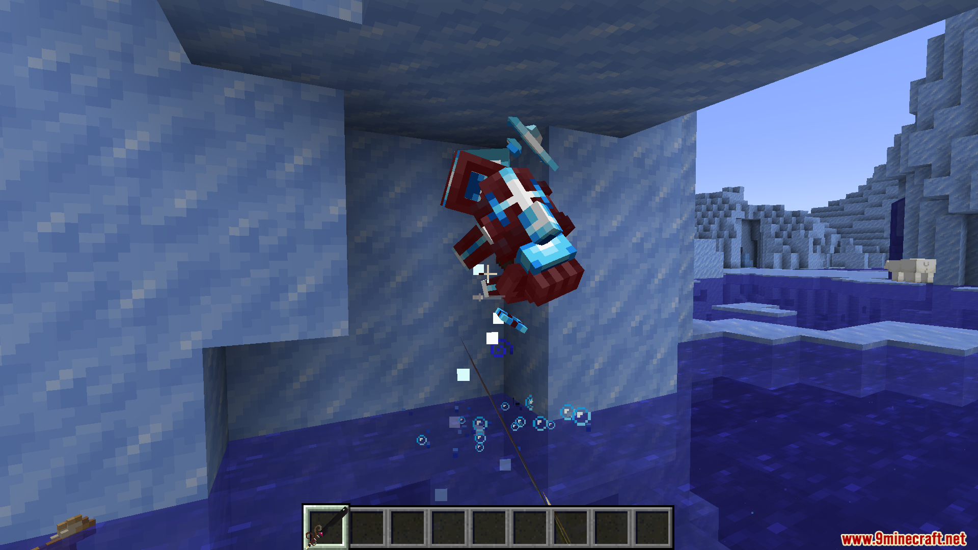 Hazen N Stuff Mod Screenshot 13 Player wearing custom red and blue magic armor swimming underwater in ice biome