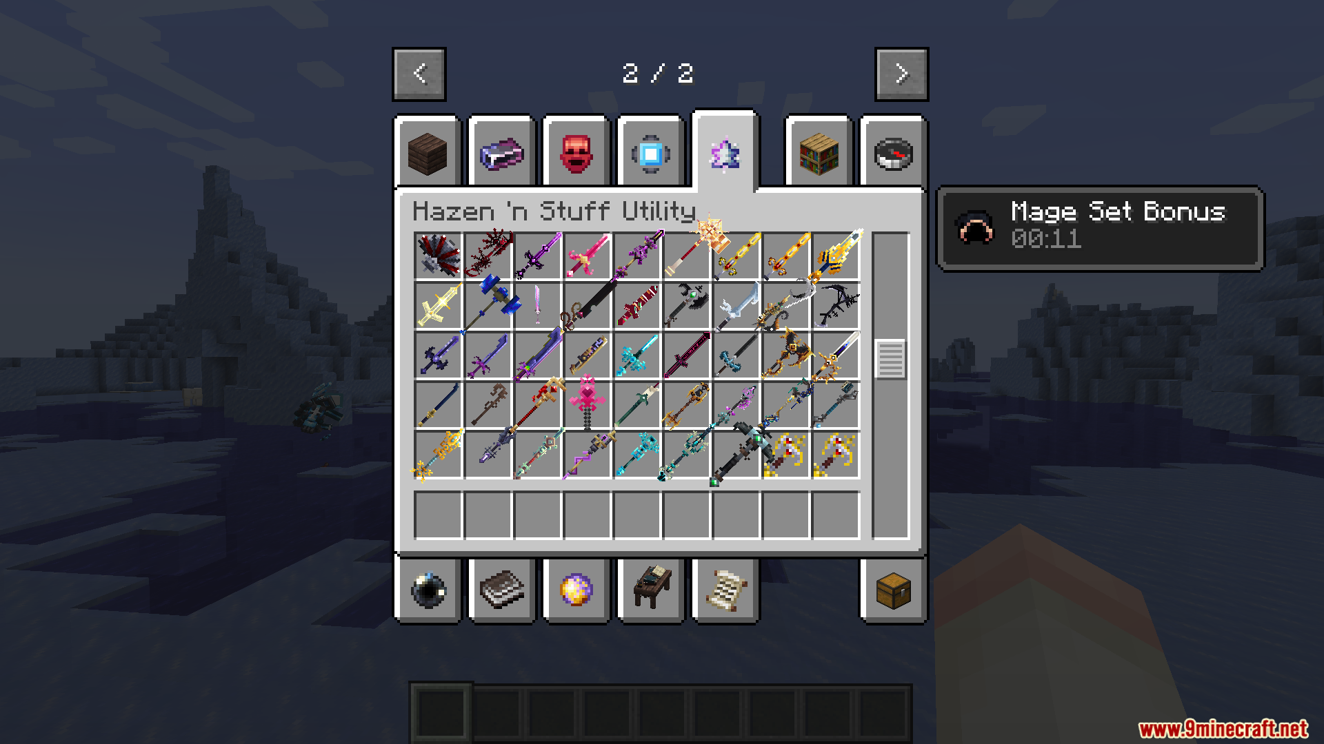 Hazen N Stuff Mod Screenshot 14 Player viewing a large collection of custom magic weapons in the creative inventory