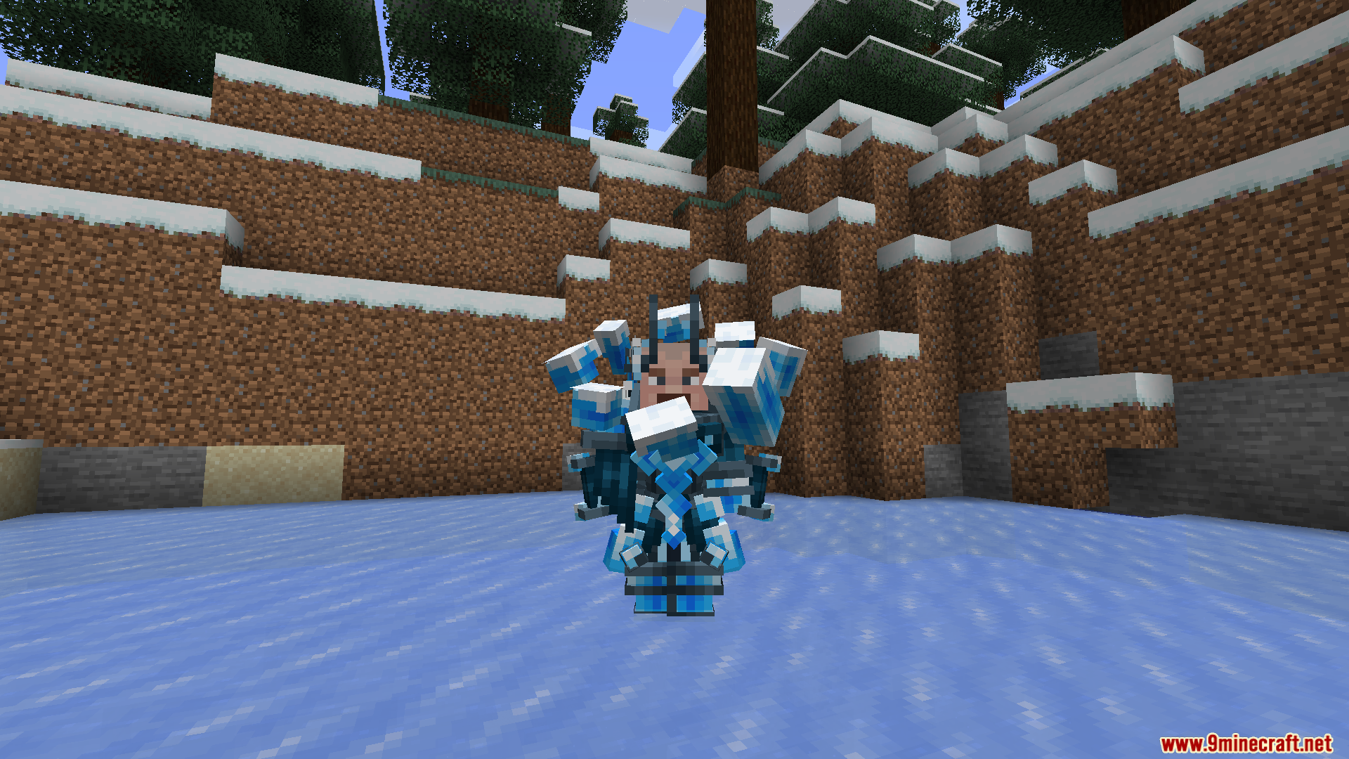 Hazen N Stuff Mod Screenshot 2 Player wearing blue ice armor standing on frozen lake