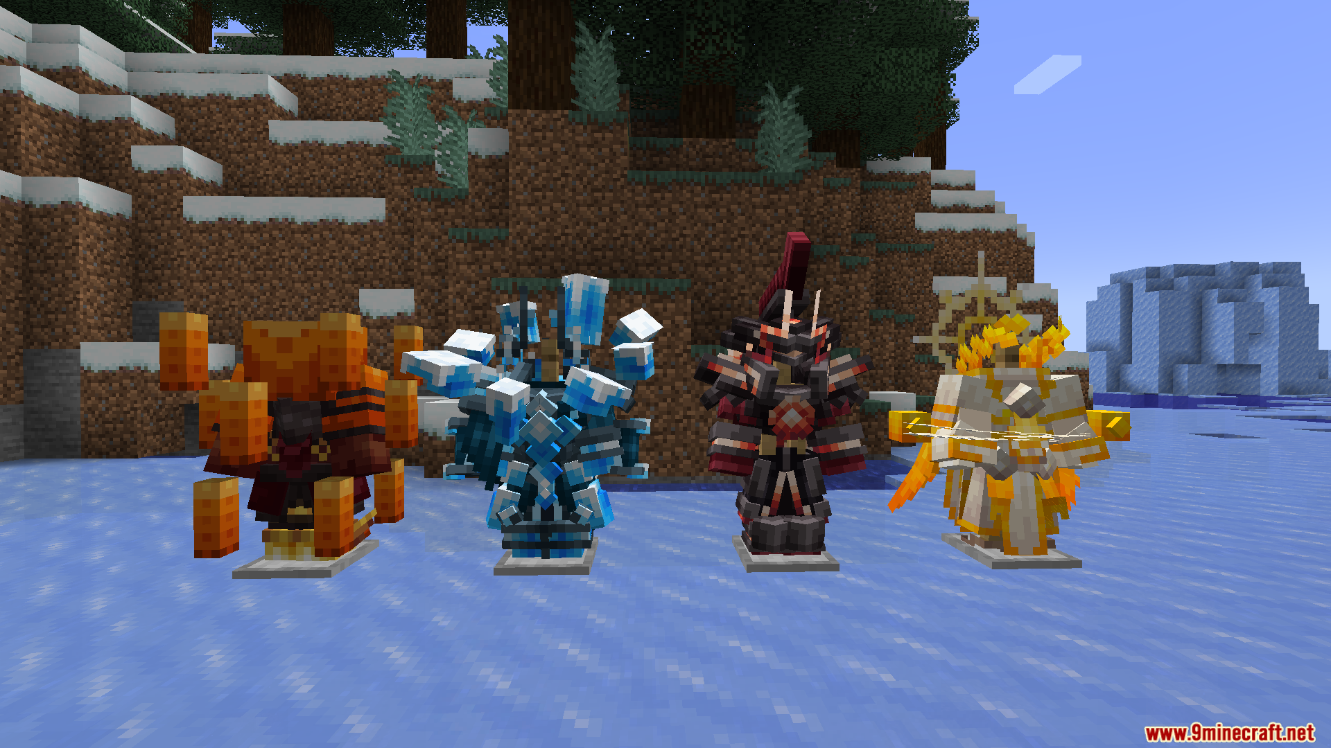 Hazen N Stuff Mod Screenshot 3 Four distinct, elaborate magic armor sets displayed on stands in a snowy landscape