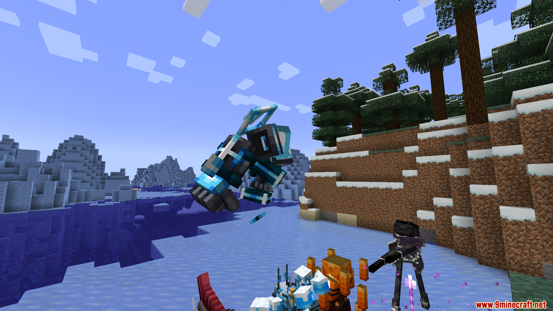 Hazen N Stuff Mod Screenshot 4 A player in blue magic armor leaps through the air above other characters