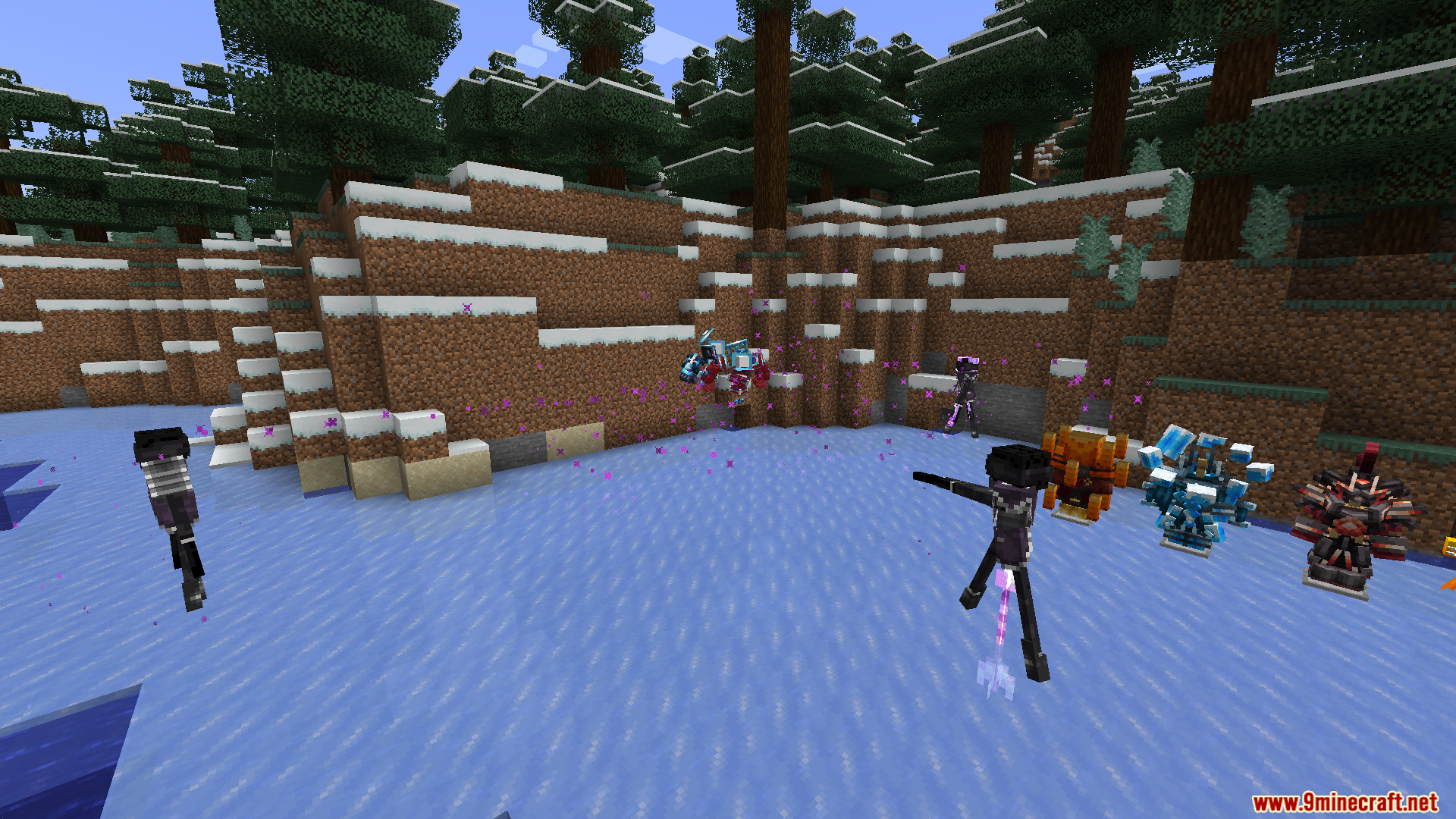 Hazen N Stuff Mod Screenshot 5 Characters in unique magical armor sets battling on a snowy ice lake