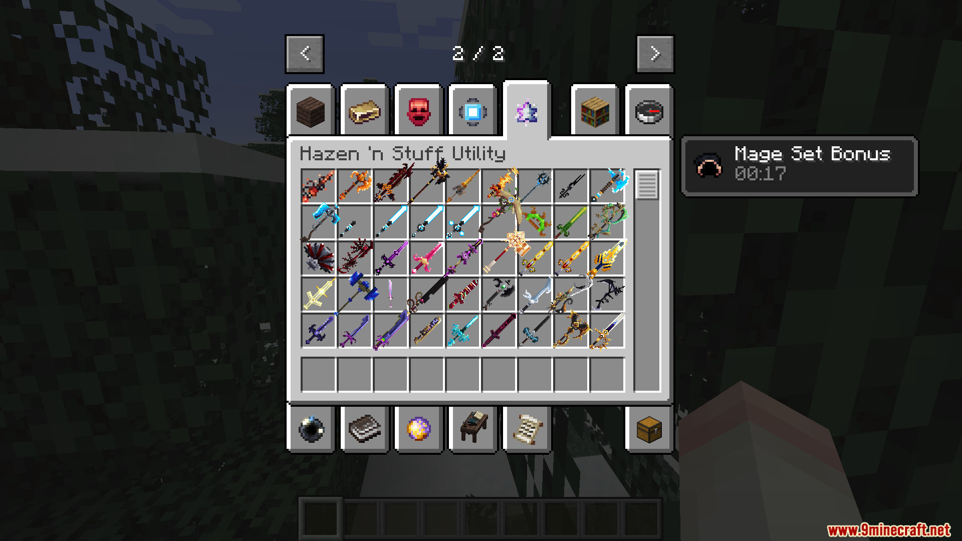 Hazen N Stuff Mod Screenshot 6 Inventory screen showing a large collection of custom magical weapons and staves