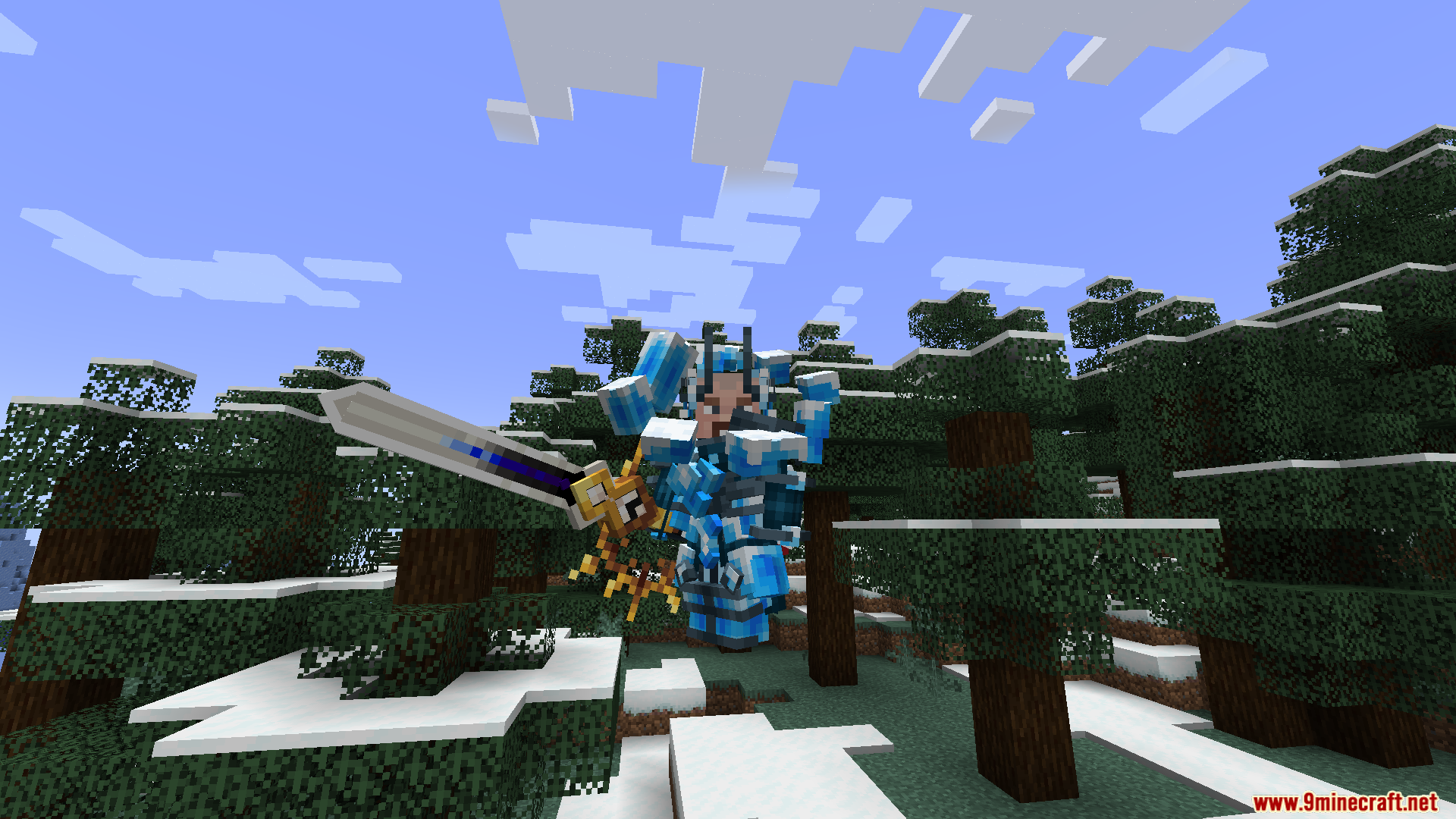 Hazen N Stuff Mod Screenshot 7 Player wearing blue ice armor holding a large magical sword in snowy forest
