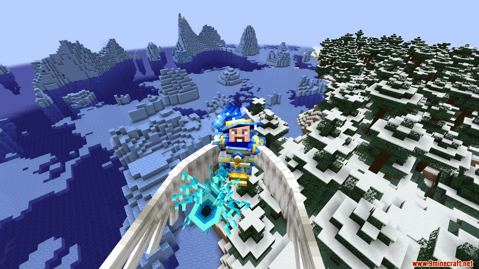 Hazen N Stuff Mod Screenshot 8 Player in blue wizard armor casting a lightning spell while flying above icebergs