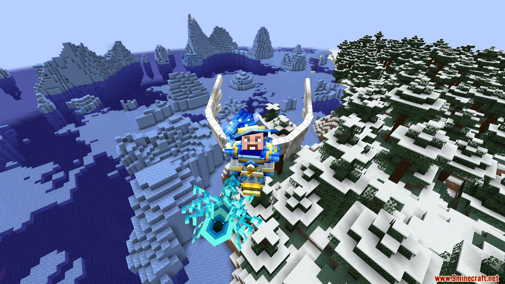 Hazen N Stuff Mod Screenshot 9 Player flying over snowy biome wearing blue wizard armor and holding magic staff