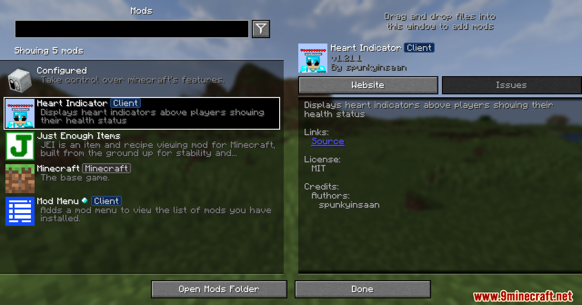 Heart Indicator Mod Screenshot 1 A player viewing the mod menu interface in game