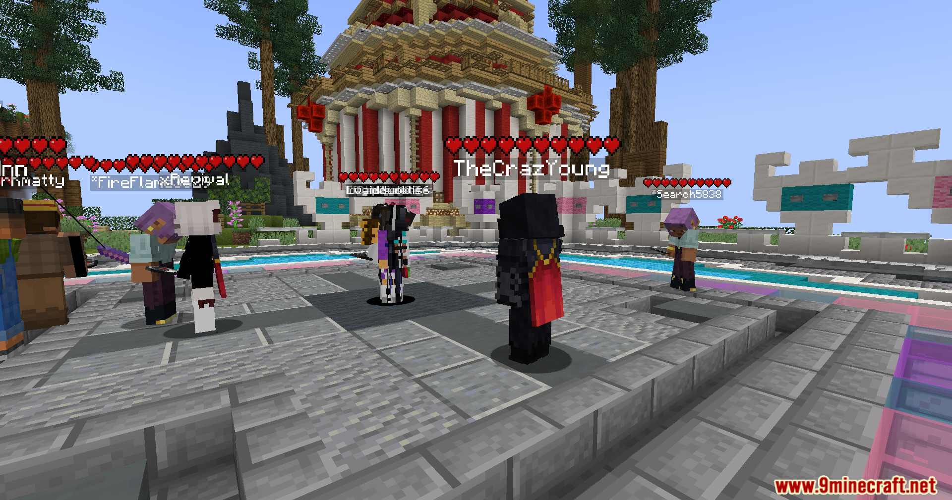 Heart Indicator Mod Screenshot 7 Players standing in a circle with health hearts displayed above their heads