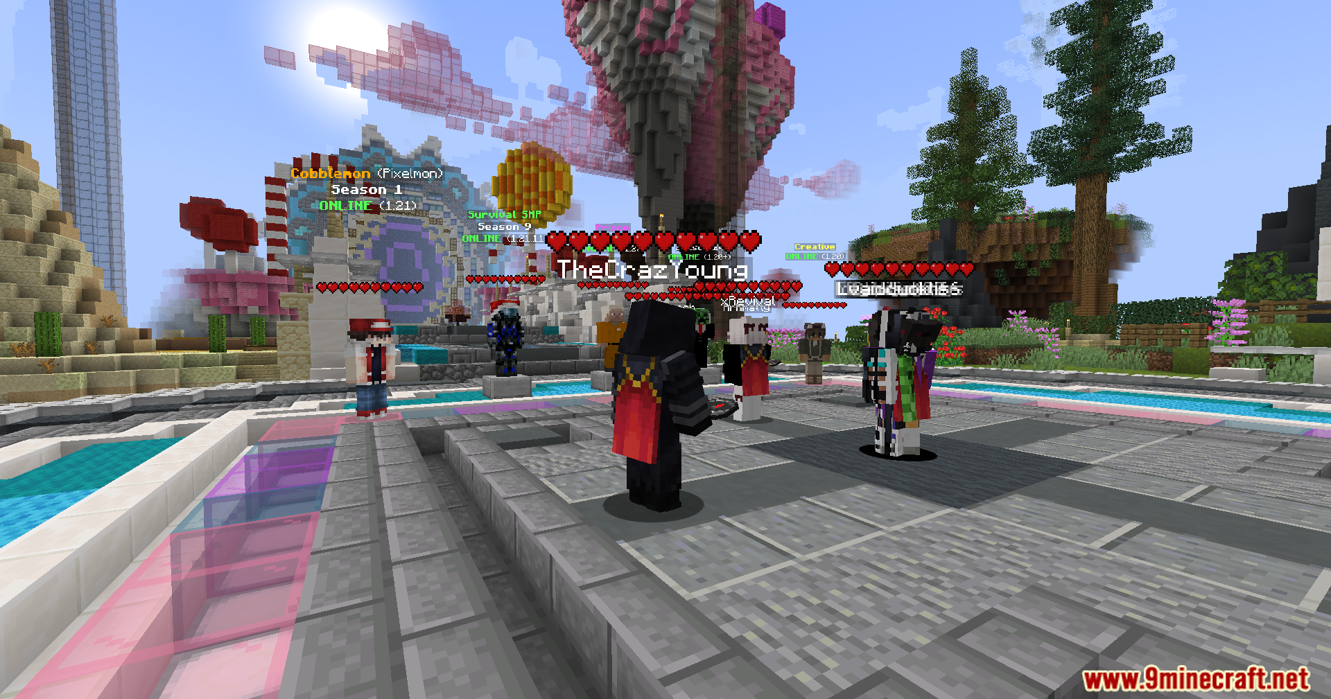 Heart Indicator Mod Screenshot 8 A group of players with health indicators shown above them in a lobby