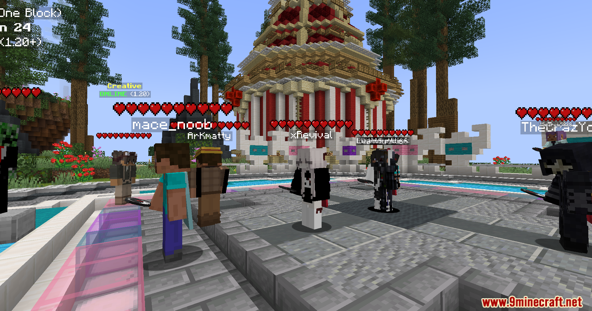 Heart Indicator Mod Screenshot 9 Group of Minecraft players showing health indicator hearts above their character models