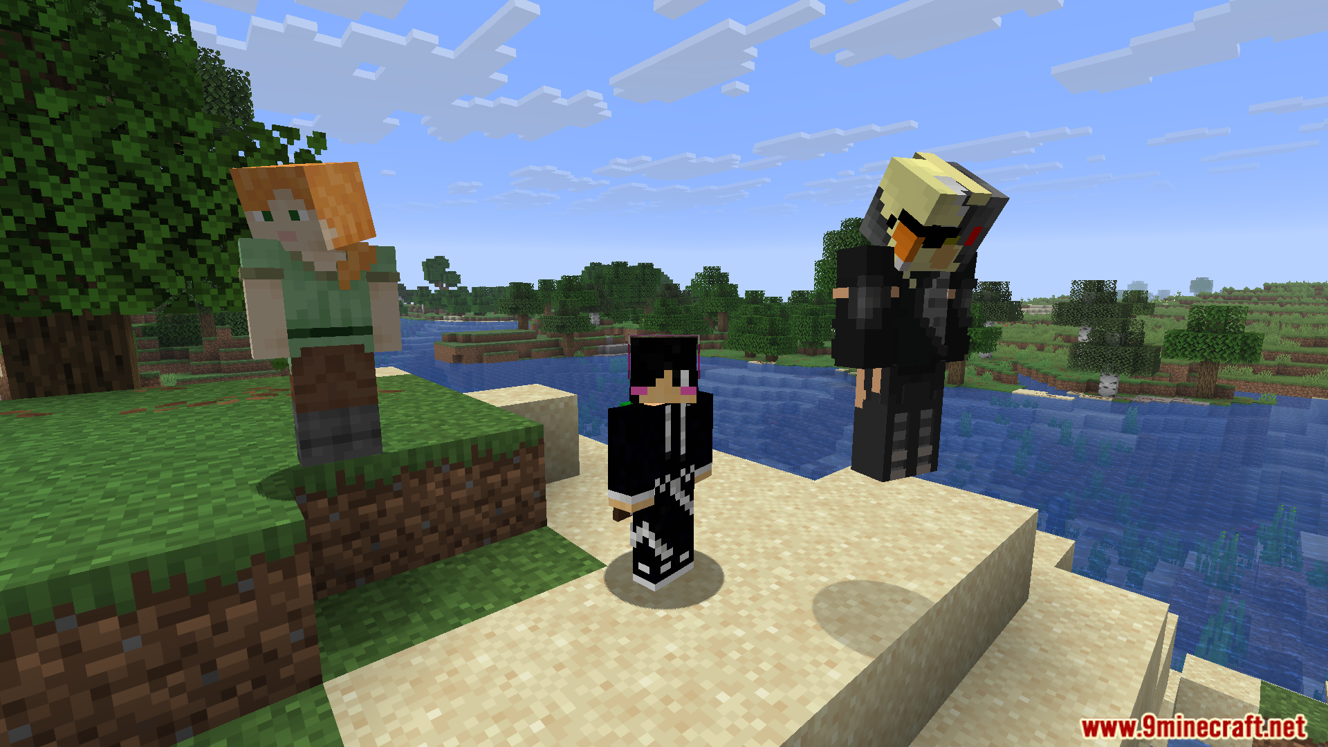 A player character stands with two spawned bots outdoors