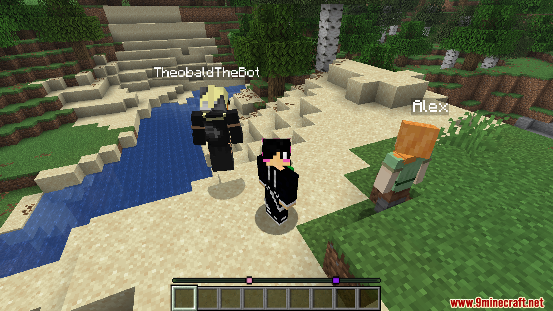 Player and bots gather together by a small river