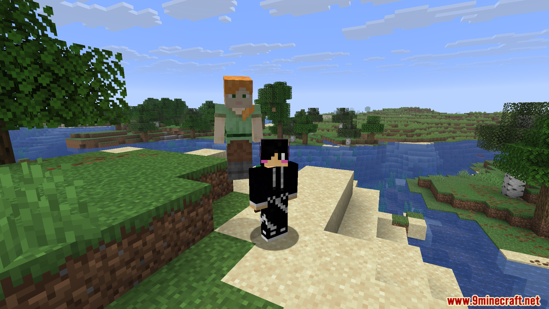 Player character in a custom skin stands with Alex