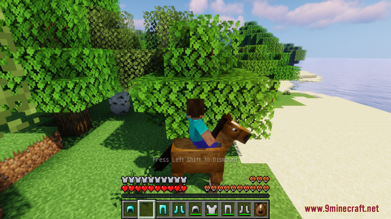 Hide Armor - See Player Skins Resource Pack Screenshot 10 Player riding a brown horse through trees with invisible armor
