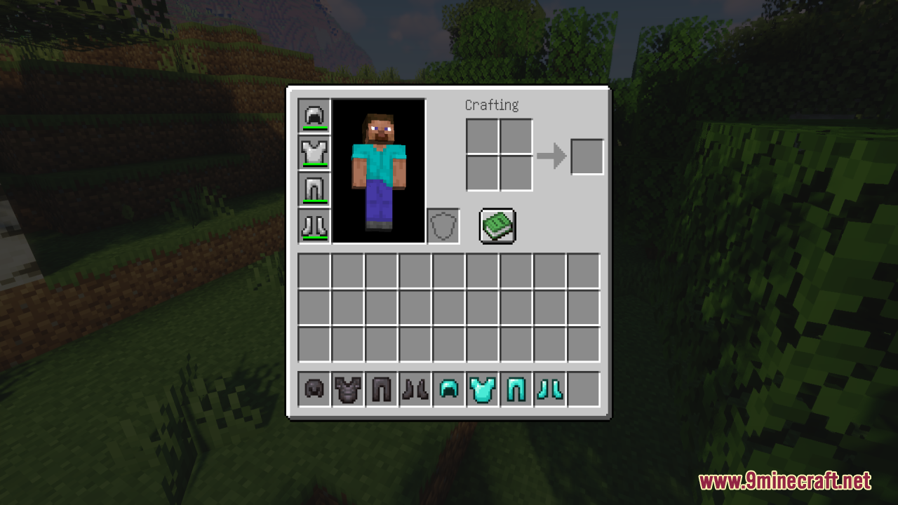 Hide Armor - See Player Skins Resource Pack Screenshot 4 Player inventory menu showing character preview and various armor pieces in the hotbar