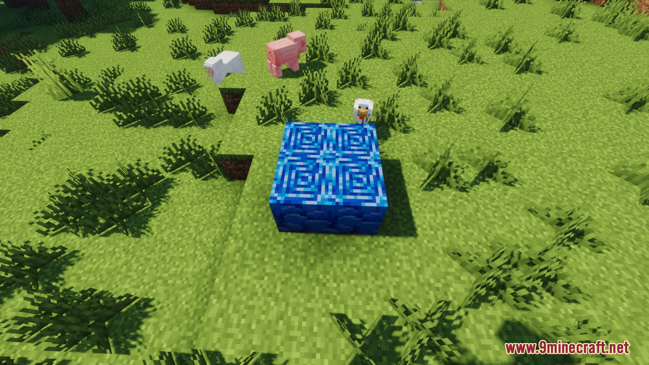 A bright blue ancient debris block on a grassy field