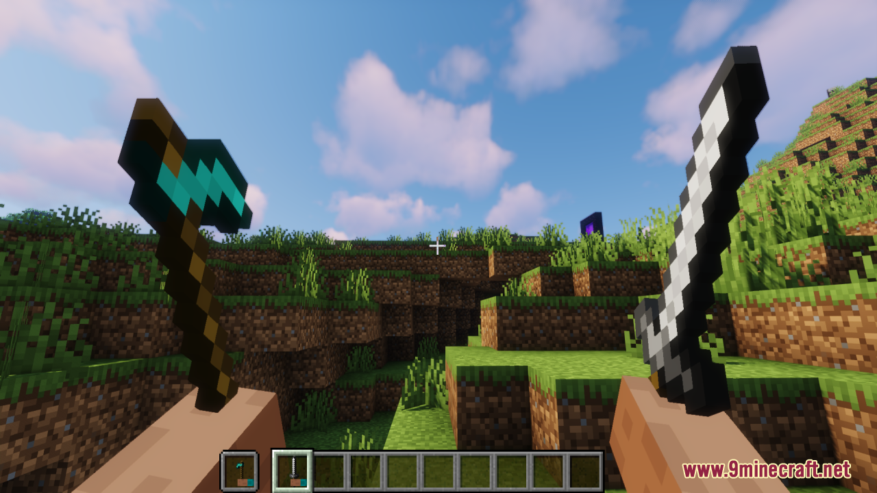 Hold in Hands Resource Pack Screenshot 1 First person view showing player hands gripping a diamond pickaxe and iron sword