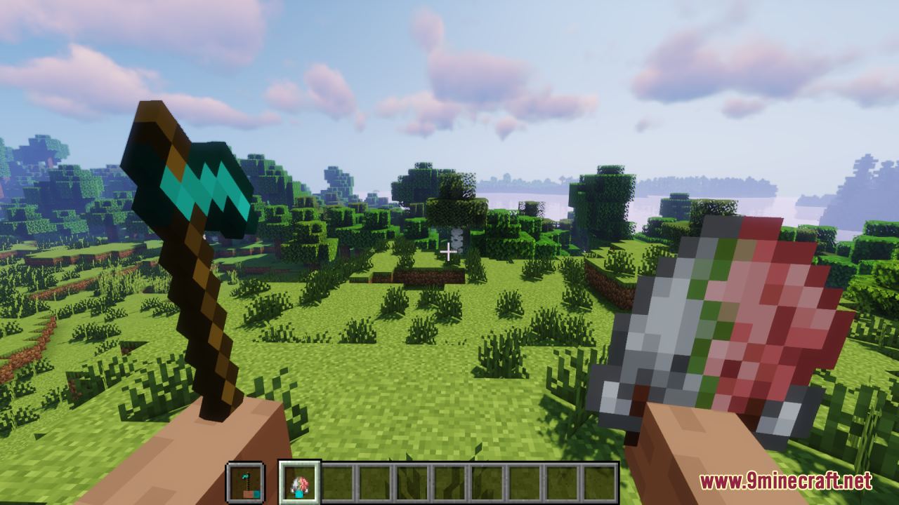 Hold in Hands Resource Pack Screenshot 15 Visible player hands gripping a diamond axe and raw beef in first person
