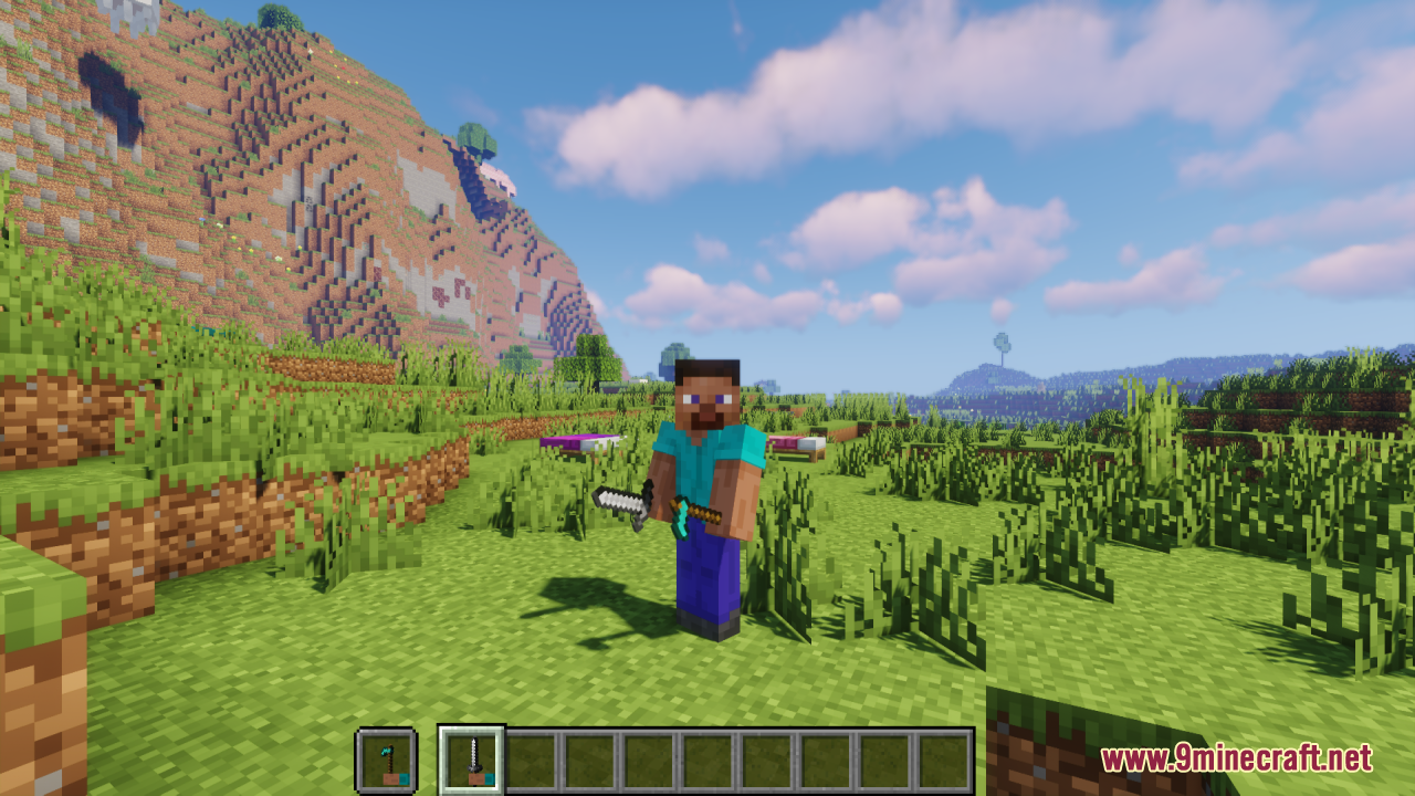 Hold in Hands Resource Pack Screenshot 2 Third person view of Steve holding an iron sword and a diamond pickaxe