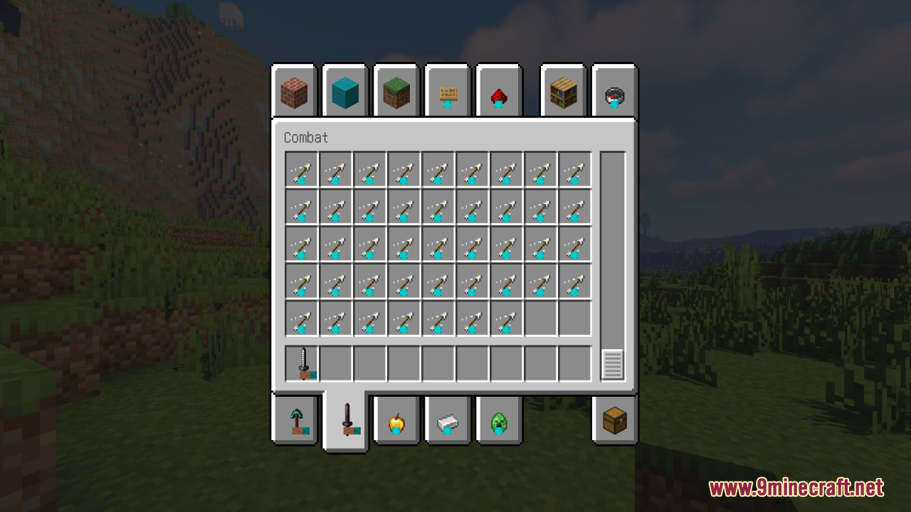 Hold in Hands Resource Pack Screenshot 5 Minecraft creative inventory showing combat tab filled with many custom arrows