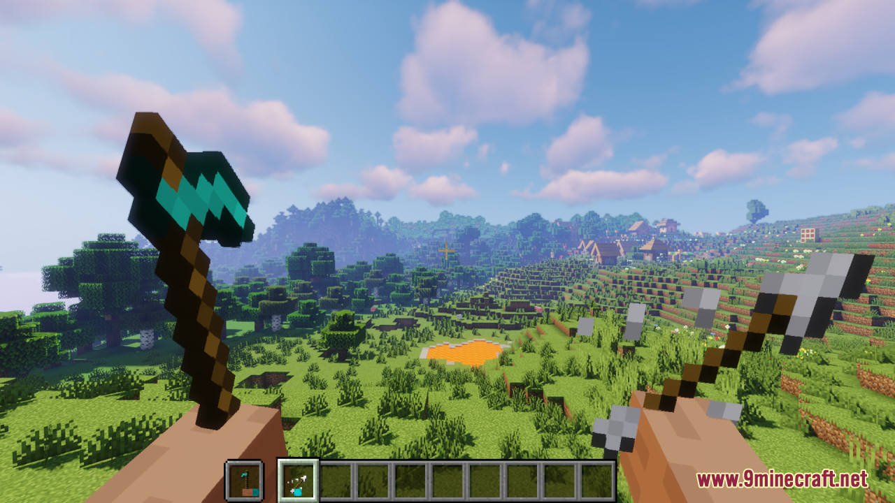 Hold in Hands Resource Pack Screenshot 6 Player in first person view holding diamond axe and arrow with visible hands