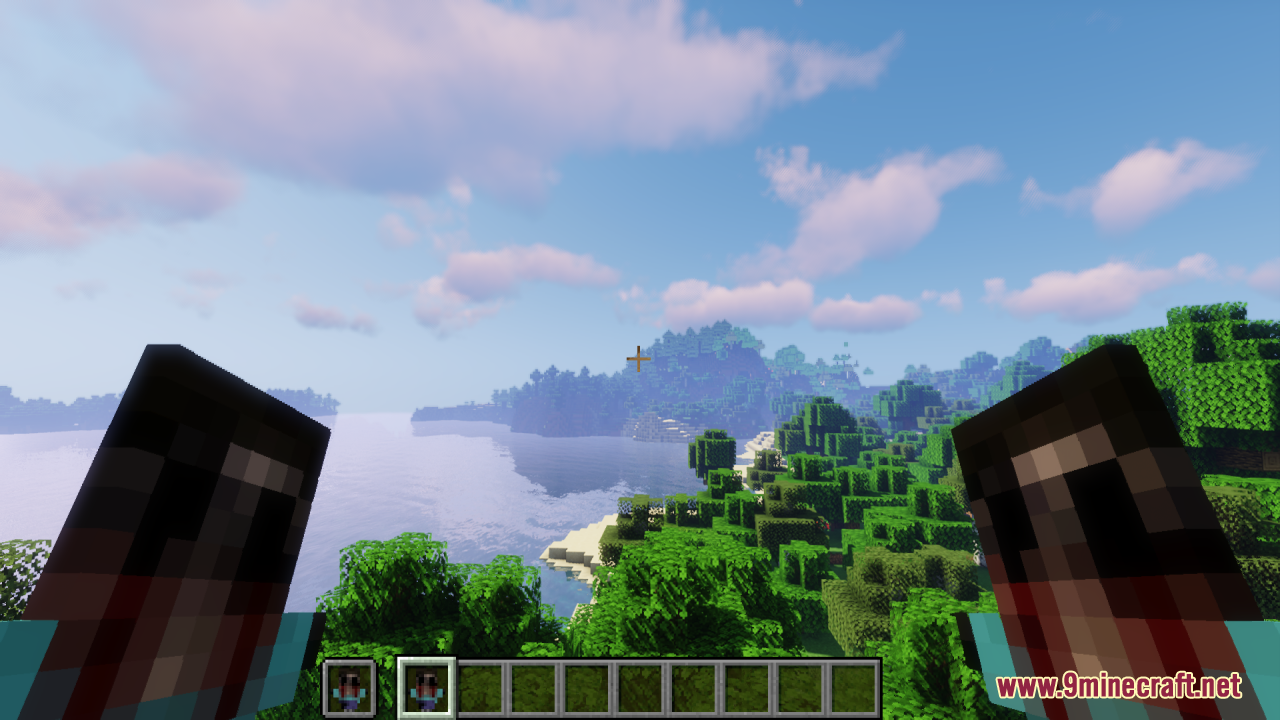 Player holding the scary Steve totems in both hands looking at the water