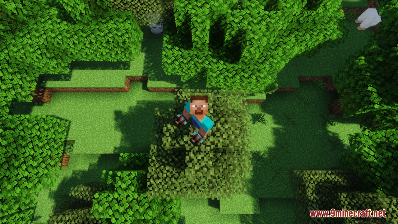 Player standing on top of tree leaves holding a Steve totem item