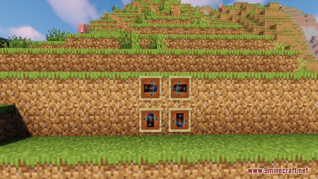 Creepy Steve totems displayed in item frames on a dirt block wall