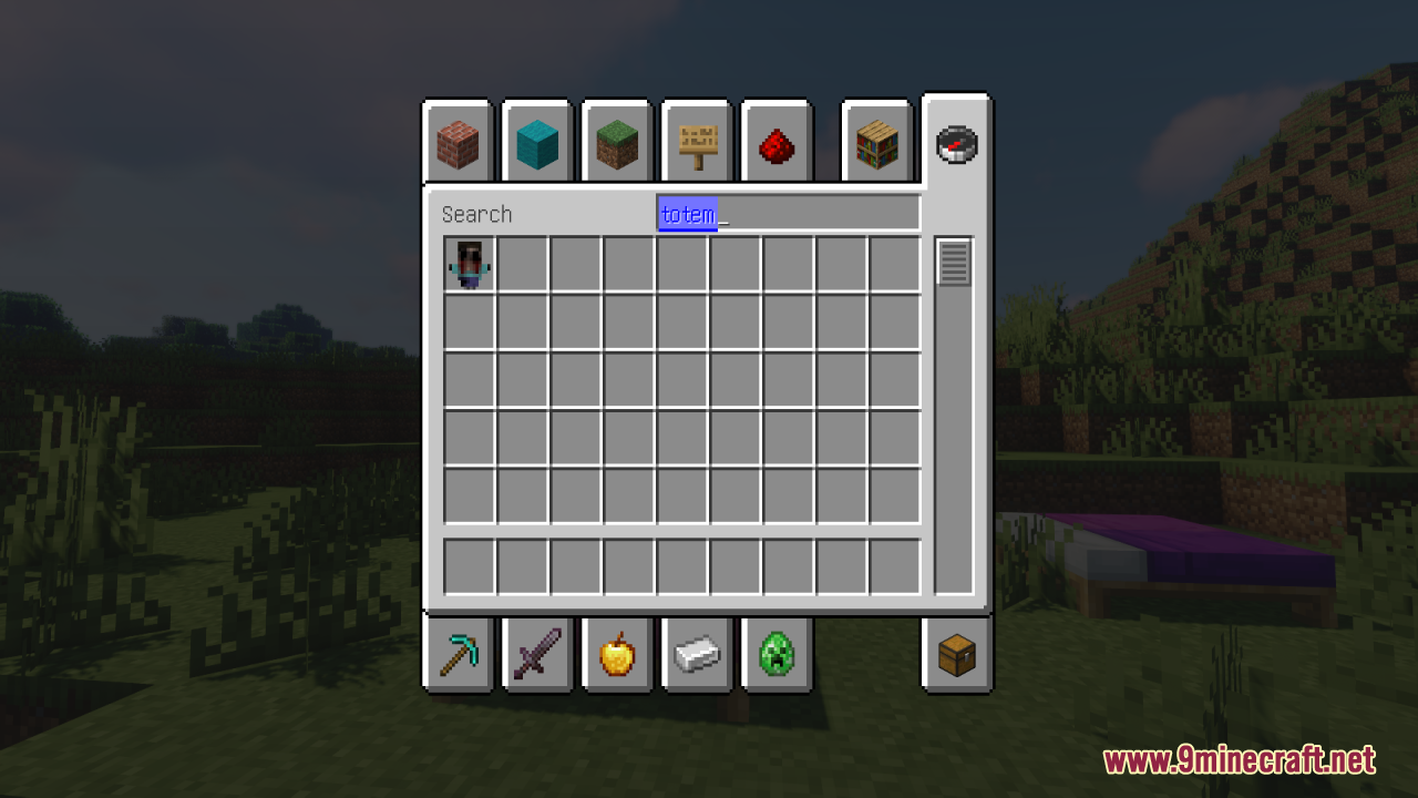 Player searching for the custom totem item in the creative inventory menu