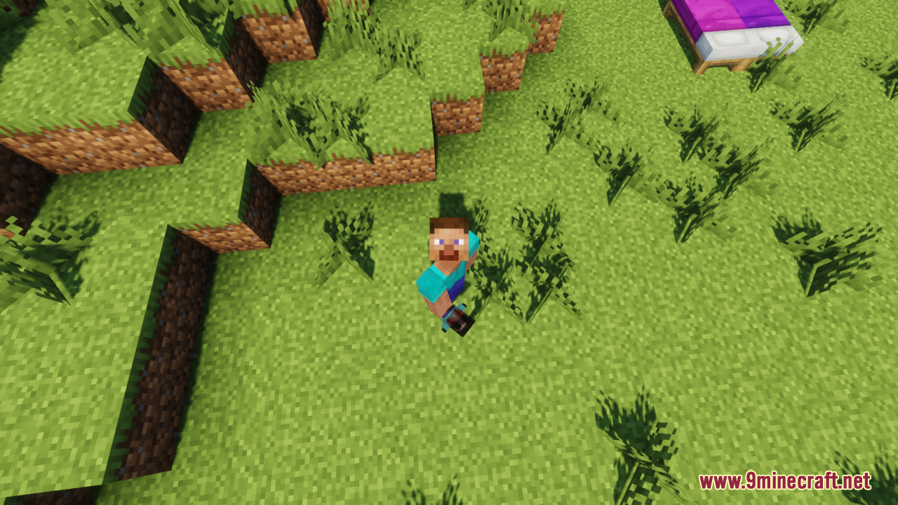 Player character holding a creepy Steve totem in a grassy Minecraft world
