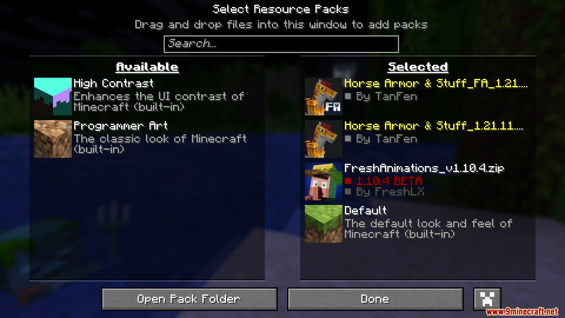 Horse Armor N Stuff X Fresh Animations Resource Pack Screenshot 1 Selecting the Horse Armor and Fresh Animations resource packs in the menu