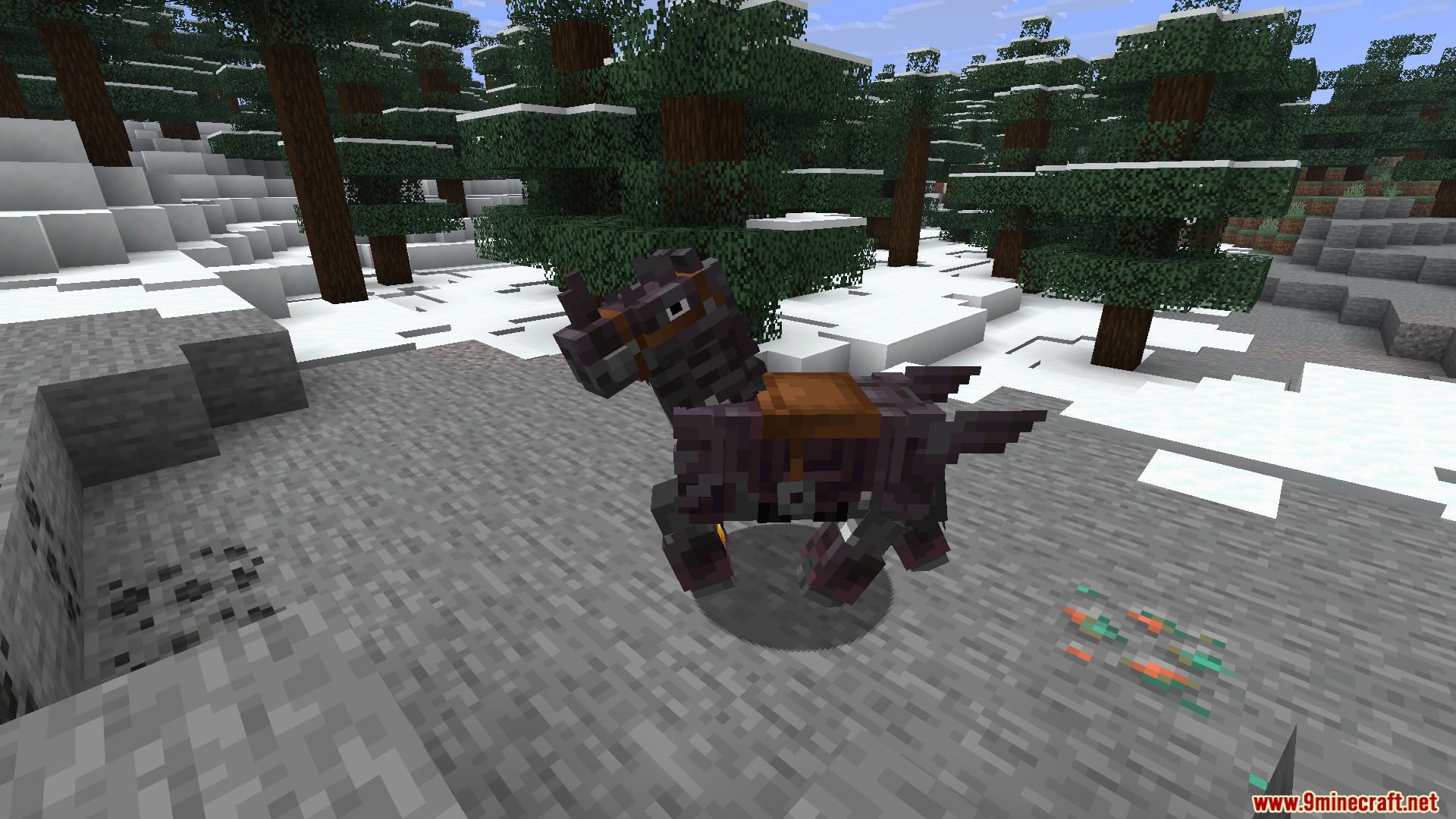 Horse Armor N Stuff X Fresh Animations Resource Pack Screenshot 10 Custom stylized armor shown on a walking horse in a snowy landscape