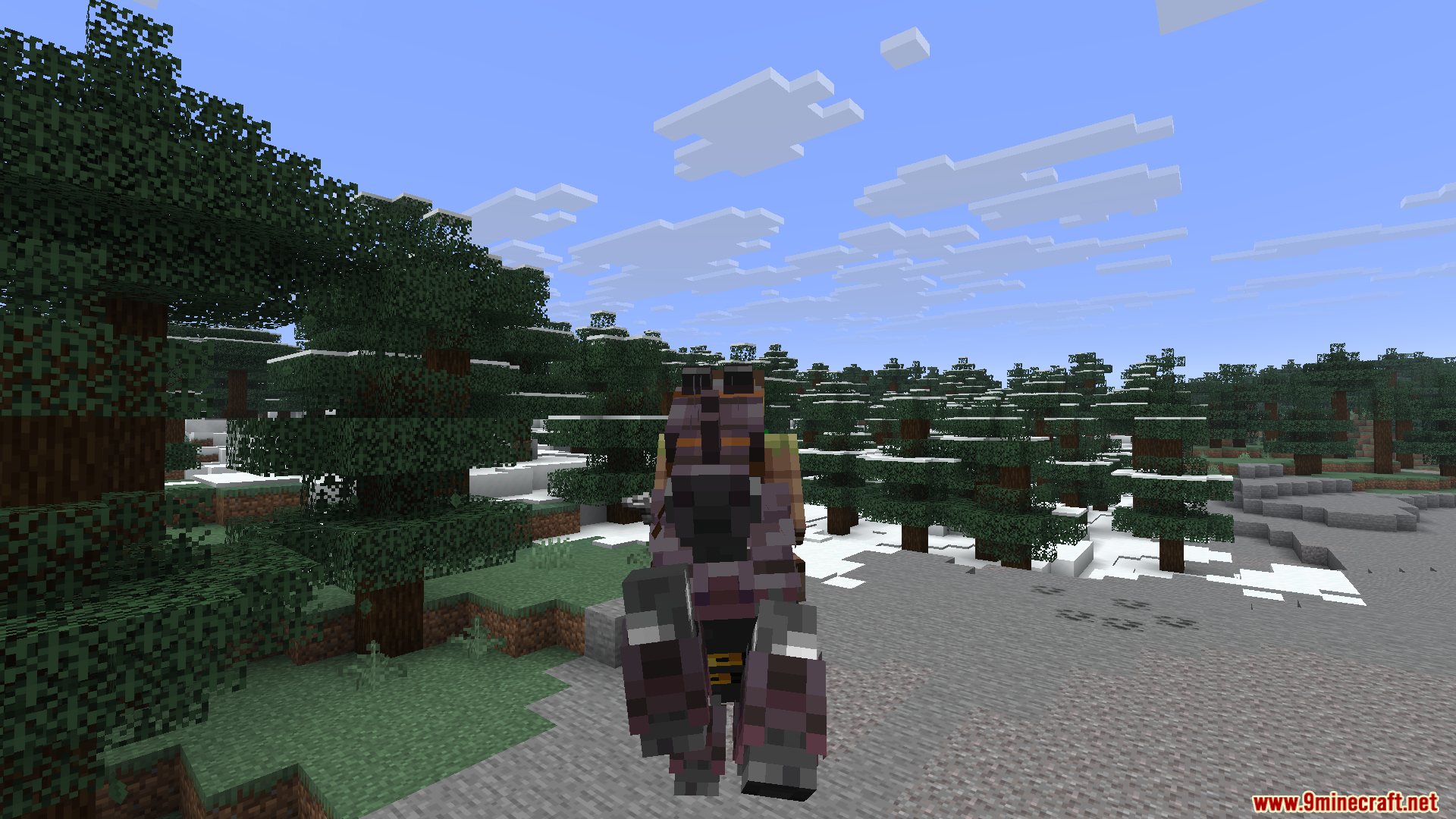 Horse Armor N Stuff X Fresh Animations Resource Pack Screenshot 12 The character rides an armored horse through a dense snowy taiga forest