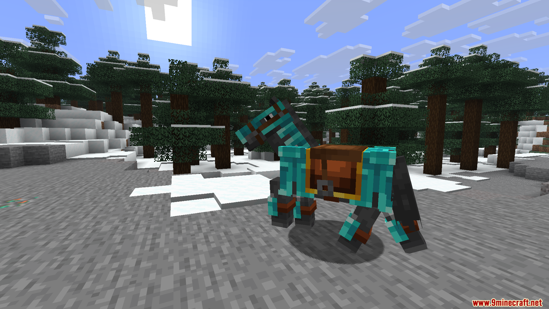 Horse Armor N Stuff X Fresh Animations Resource Pack Screenshot 2 A horse wearing stylized diamond armor stands in a snowy forest biome