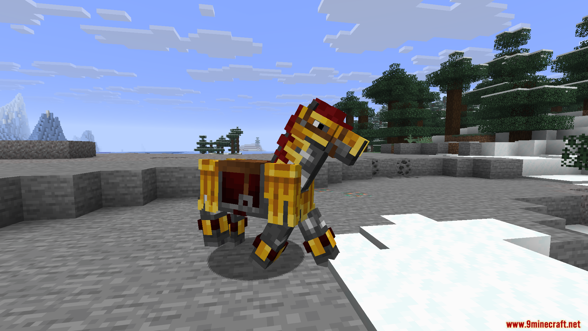 Horse Armor N Stuff X Fresh Animations Resource Pack Screenshot 3 A horse wearing stylized yellow and red armor stands on stone blocks