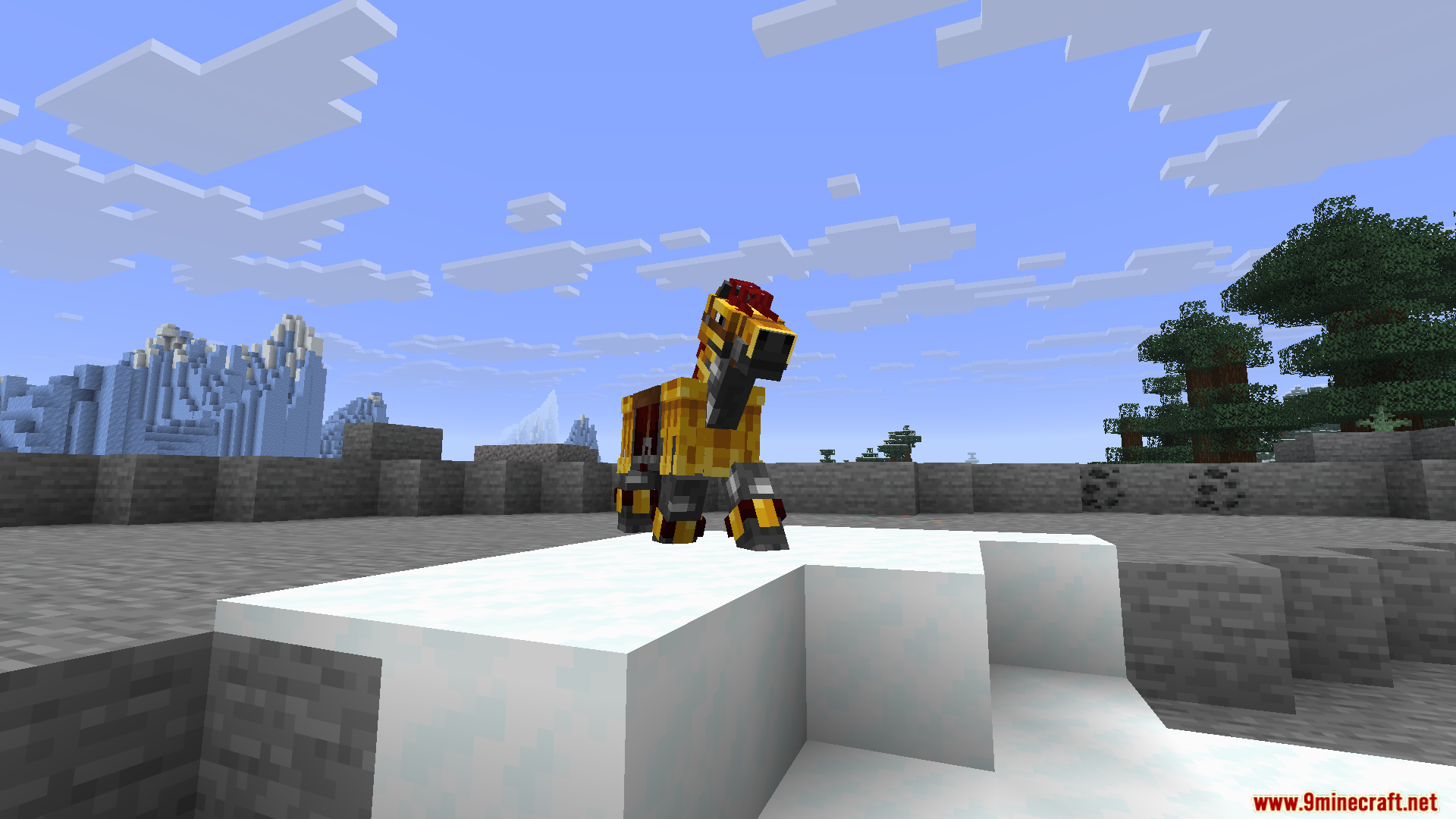 Horse Armor N Stuff X Fresh Animations Resource Pack Screenshot 4 A horse with custom armor stands on a snow block in a snowy biome