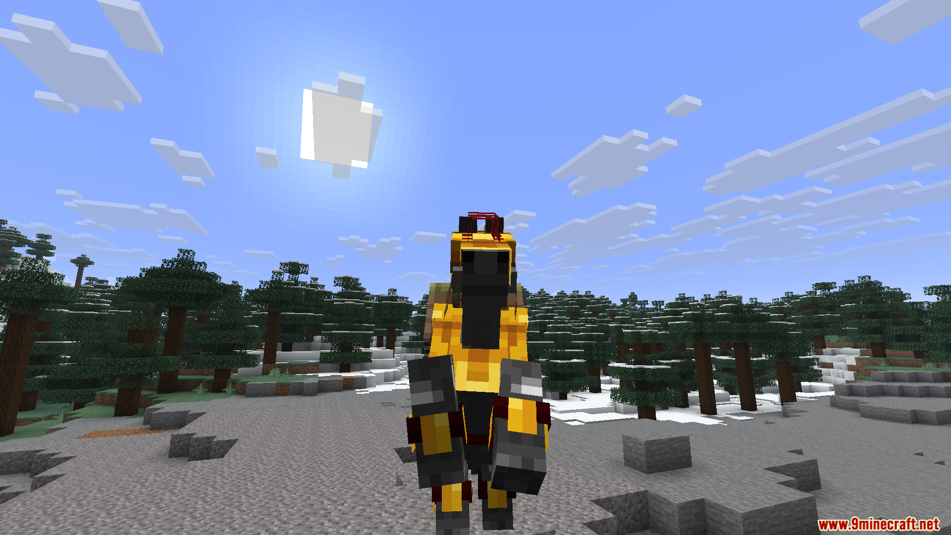 Horse Armor N Stuff X Fresh Animations Resource Pack Screenshot 5 Front view of a horse wearing yellow stylized armor in a snowy forest