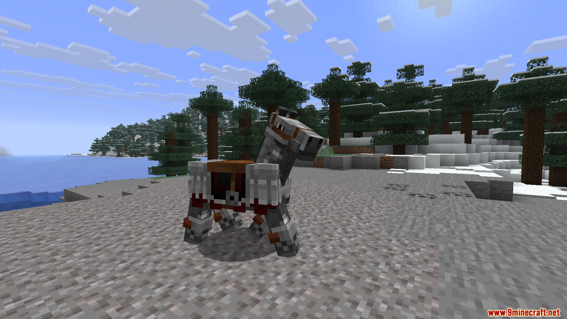 Horse Armor N Stuff X Fresh Animations Resource Pack Screenshot 6 Side view of a horse wearing white stylized armor on a gravel path