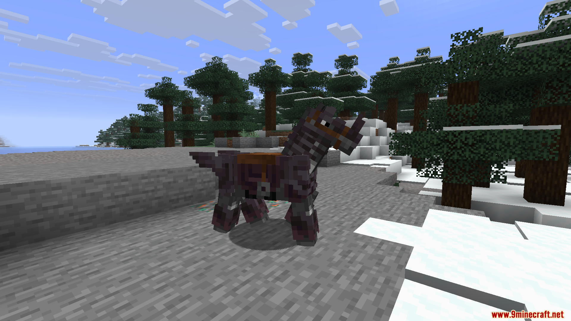 Horse Armor N Stuff X Fresh Animations Resource Pack Screenshot 7 A horse wearing stylized dark armor stands in a snowy taiga biome