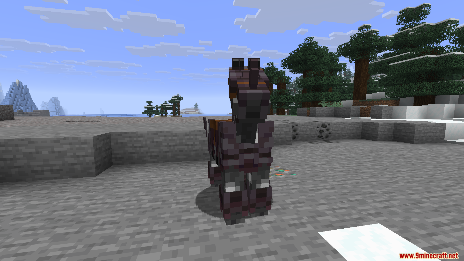 Horse Armor N Stuff X Fresh Animations Resource Pack Screenshot 8 Front view of a horse wearing stylized dark armor in a snowy forest