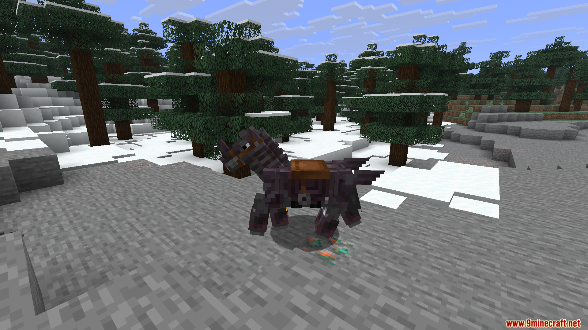 Horse Armor N Stuff X Fresh Animations Resource Pack Screenshot 9 A horse wearing stylized dark armor stands in a snowy taiga biome