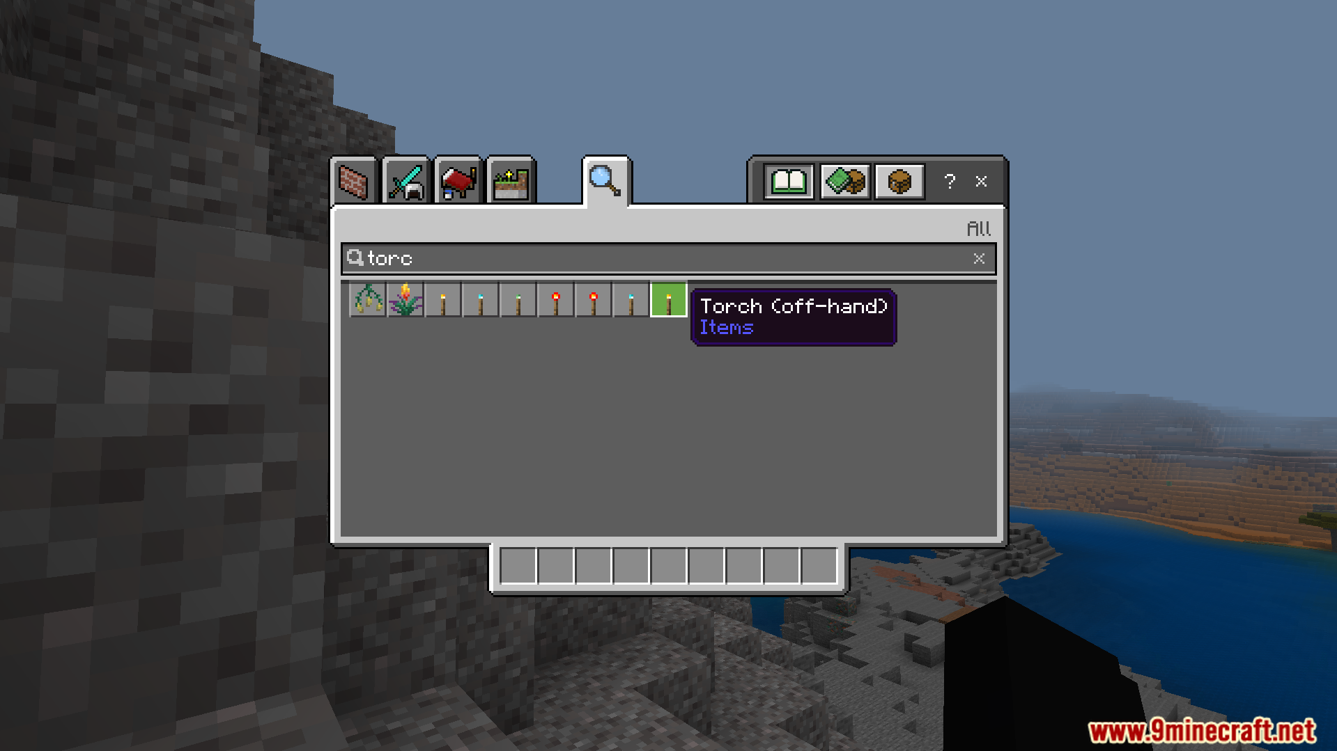 Searching for torch in creative inventory showing a custom off hand torch item