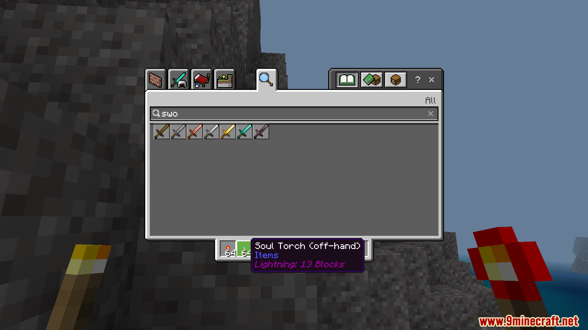 Creative inventory search results for swords with item tooltip