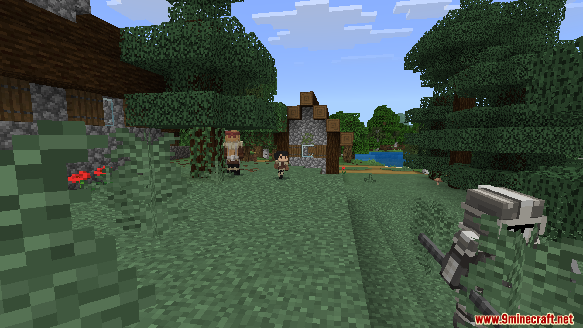 A masked illager soldier observes human villagers in the woods