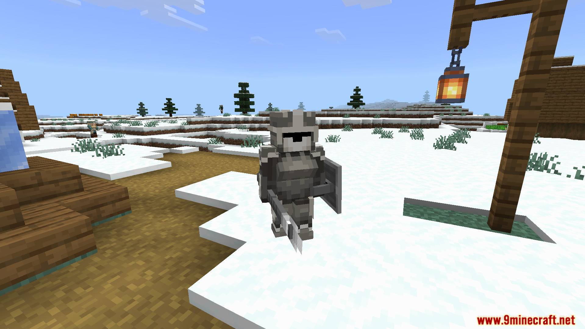 A medieval soldier iron golem stands guard in the snow