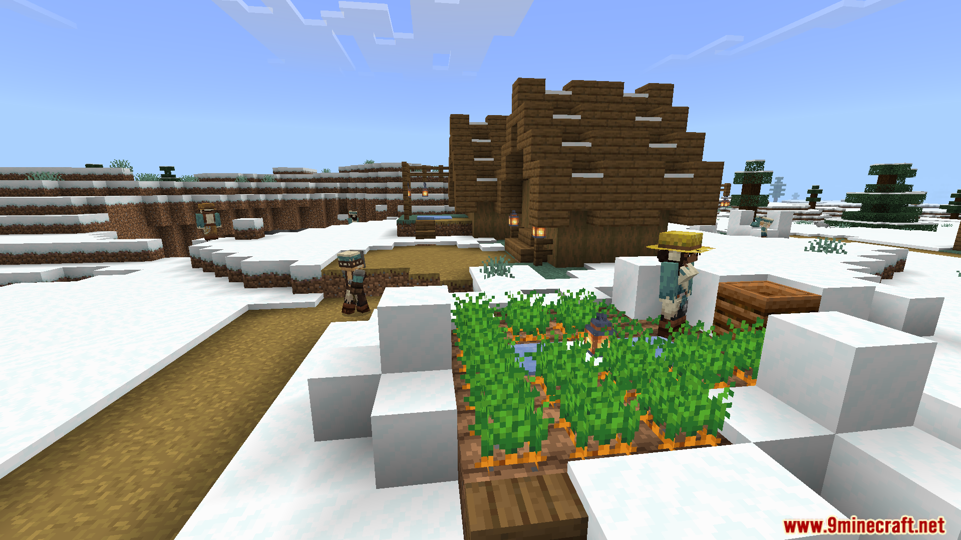 Human villagers with unique designs tend to their snowy village