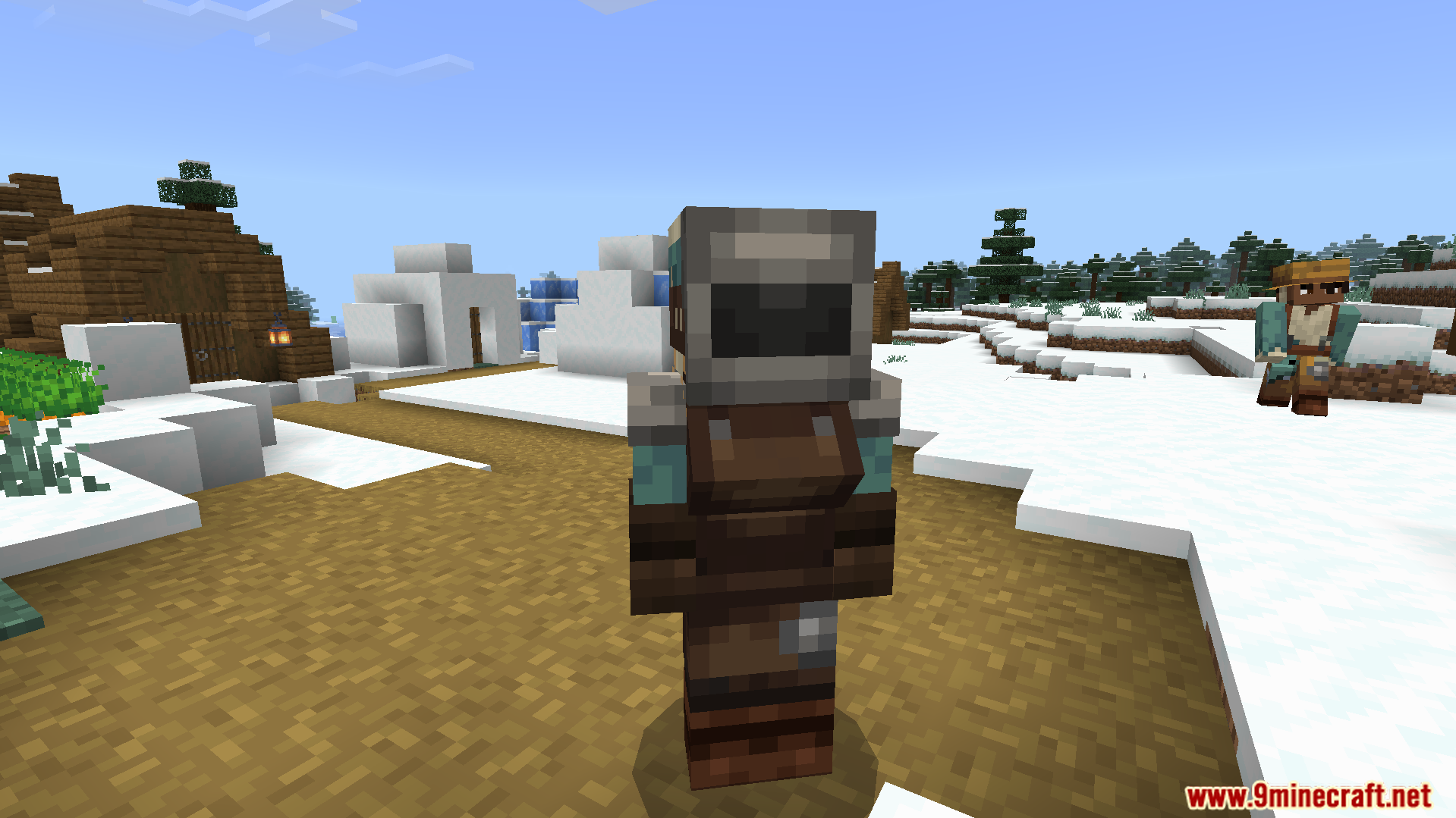 A human villager model wearing a unique helmet and apron